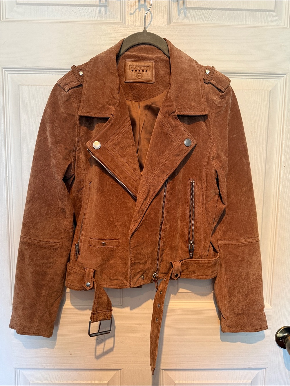 Blank NYC Rust Brown Suede Moto Jacket with Belt